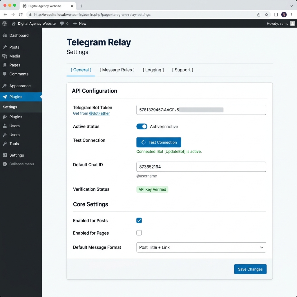 Telegram Relay WP Settings